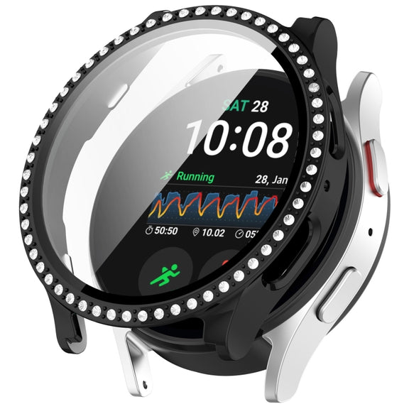 For Samsung Galaxy Watch 7 40mm Single Row Diamond PC + Tempered Film Integrated Watch Protective Case(Black)