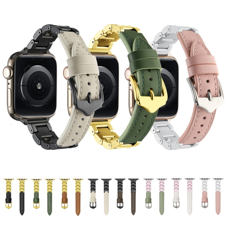 For Apple Watch Series 6 44mm Ceramic Color Buckle Contrast Leather Watch Band(Light Pink+White+Silver Buckle)