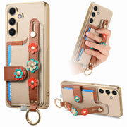 For Samsung Galaxy S24+ 5G Stereoscopic Flowers Wristband Card Bag Phone Case(Khaki)