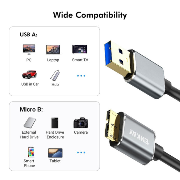 ENKAY USB 3.0 A to USB 3.0 Micro B 5Gbps Data Camera Hard Drive Cable, Length:1m