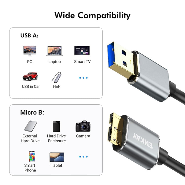 ENKAY USB 3.0 A to USB 3.0 Micro B 5Gbps Data Camera Hard Drive Cable, Length:1m