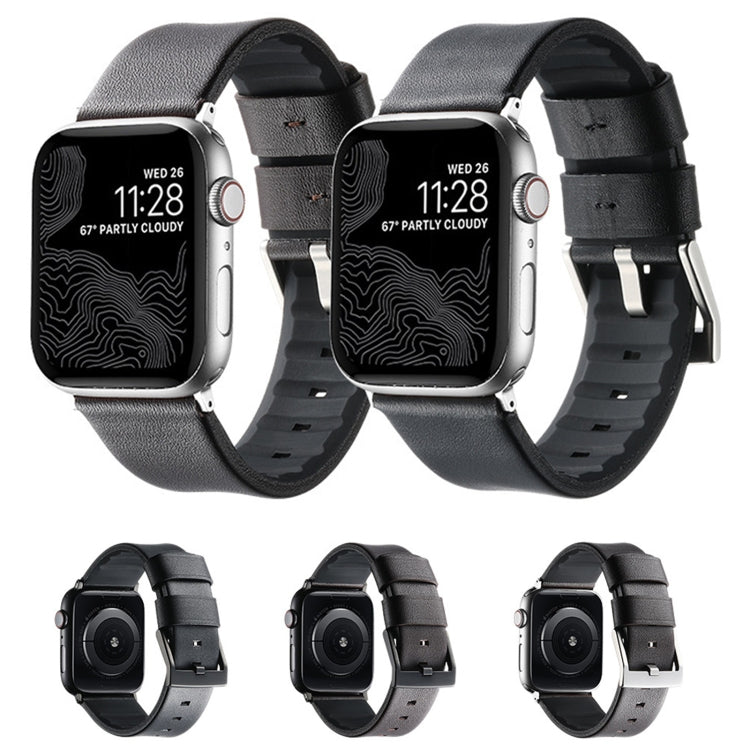 For Apple Watch SE 44mm Genuine Leather Hybrid Silicone Watch Band(Coffee Black Buckle)