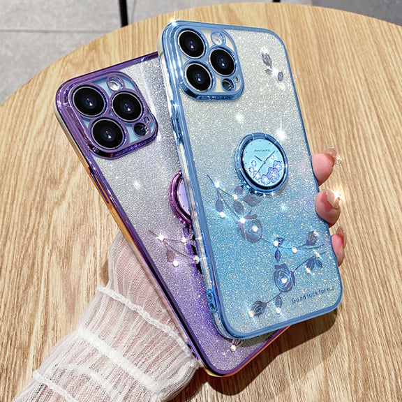 For iPhone 16 Pro Max Gradient Glitter Immortal Flower Ring All-inclusive Phone Case(Blue)