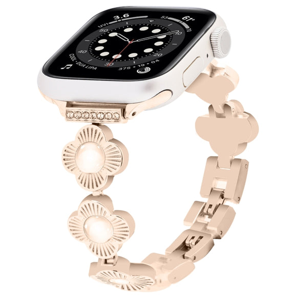 For Apple Watch Series 6 44mm Four Leaf Clover Quick-Release Metal Chain Watch Band(Rose Gold)