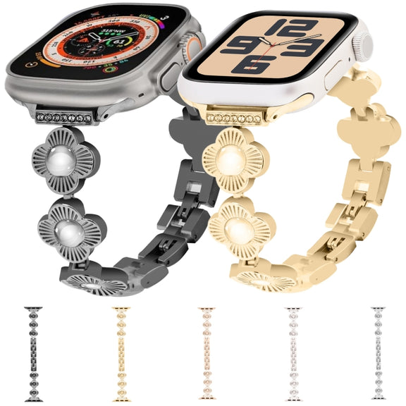 For Apple Watch Series 6 44mm Four Leaf Clover Quick-Release Metal Chain Watch Band(Gold)