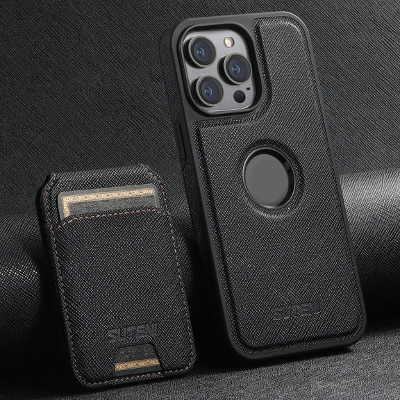 For iPhone 15 Pro Max Suteni M2 Cross-Grain MagSafe Vertical Card Back Phone Case(Black)