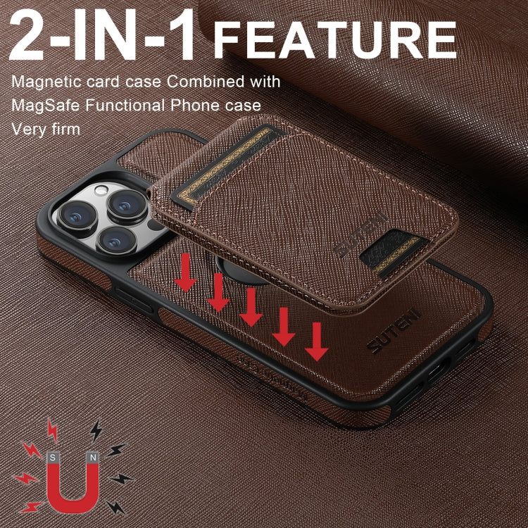 For iPhone 15 Plus Suteni M2 Cross-Grain MagSafe Vertical Card Back Phone Case(Brown)