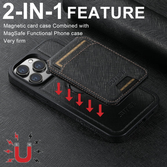 For iPhone 14 Plus Suteni M2 Cross-Grain MagSafe Vertical Card Back Phone Case(Black)