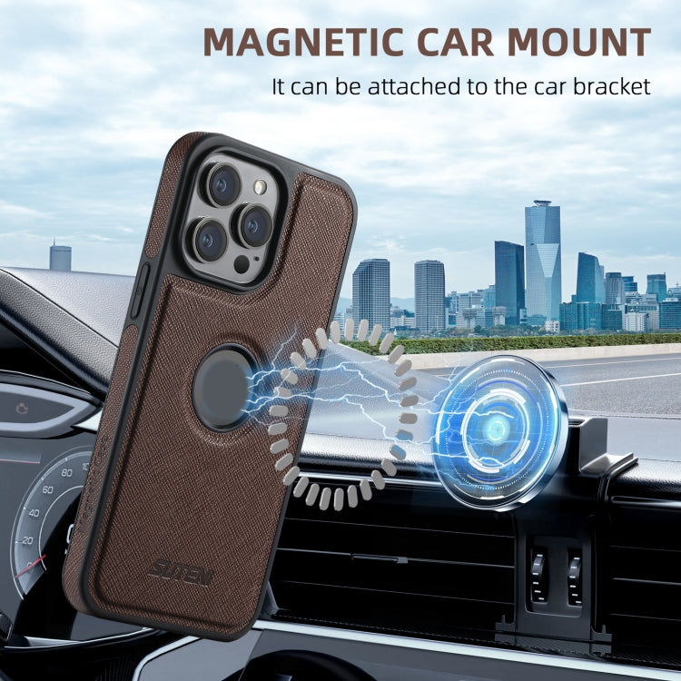 For iPhone 14 Pro Suteni M2 Cross-Grain MagSafe Vertical Card Back Phone Case(Brown)