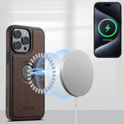 For iPhone 14 Suteni M2 Cross-Grain MagSafe Vertical Card Back Phone Case(Brown)