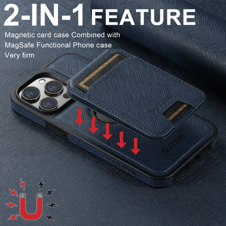 For iPhone 14 Suteni M2 Cross-Grain MagSafe Vertical Card Back Phone Case(Blue)