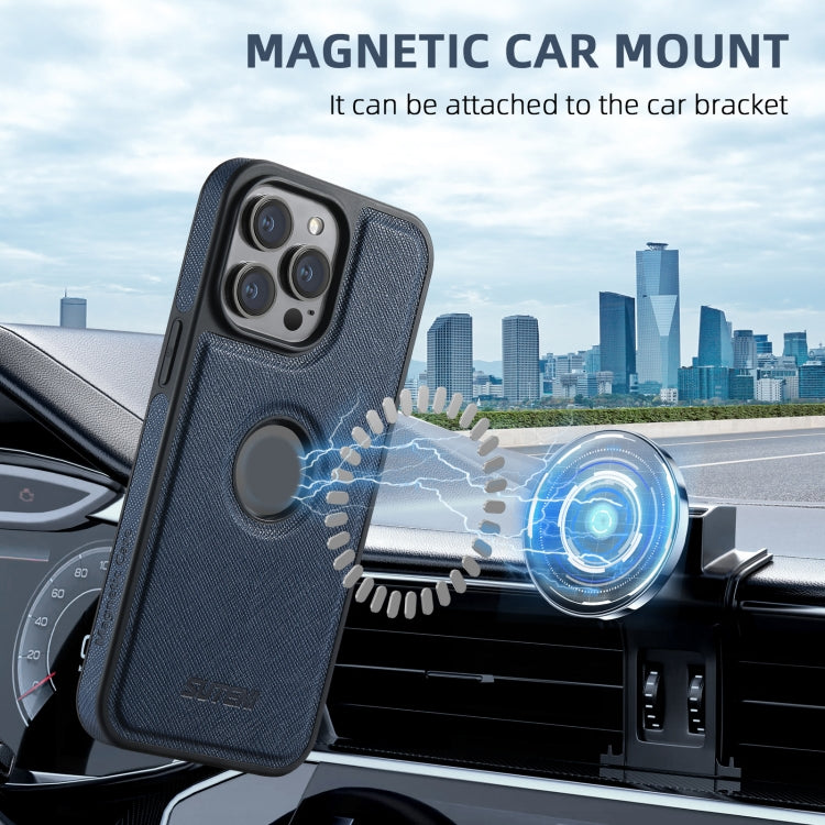 For iPhone 14 Suteni M2 Cross-Grain MagSafe Vertical Card Back Phone Case(Blue)
