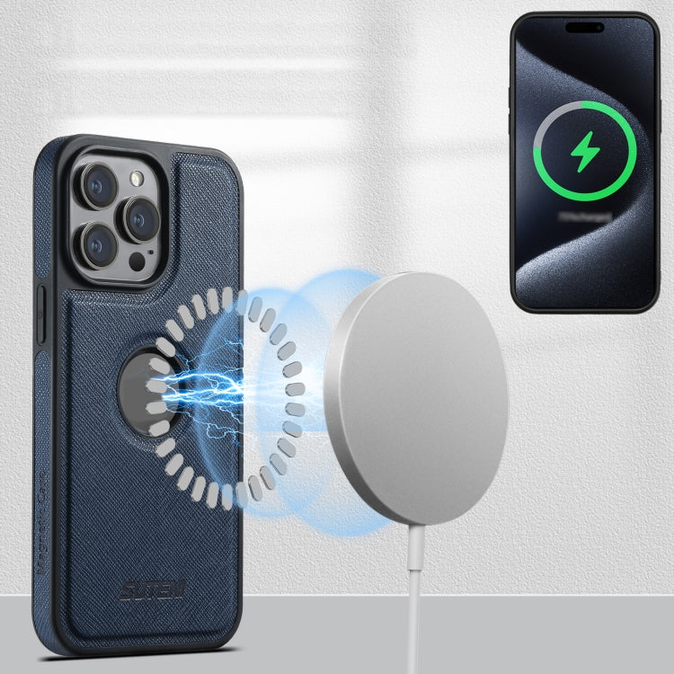 For iPhone 14 Suteni M2 Cross-Grain MagSafe Vertical Card Back Phone Case(Blue)
