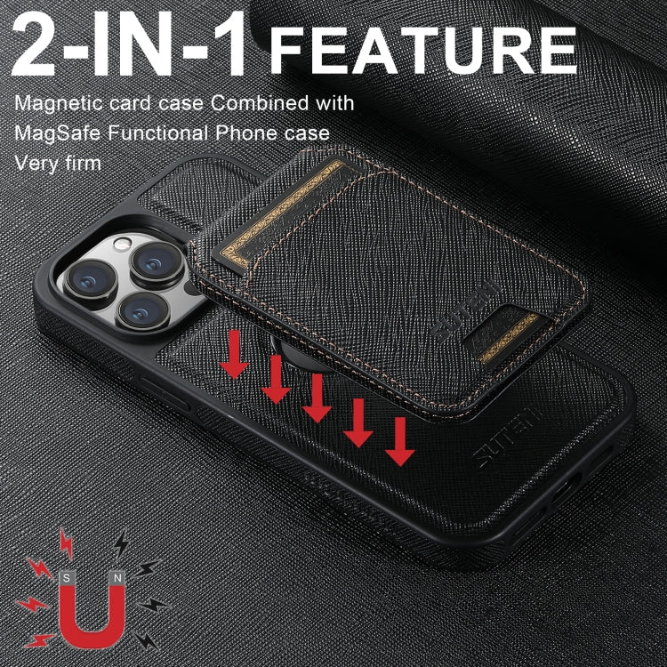 For iPhone 13 Suteni M2 Cross-Grain MagSafe Vertical Card Back Phone Case(Black)