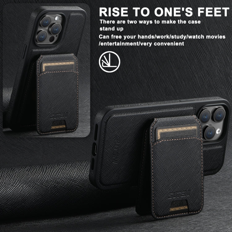 For iPhone 13 Suteni M2 Cross-Grain MagSafe Vertical Card Back Phone Case(Black)