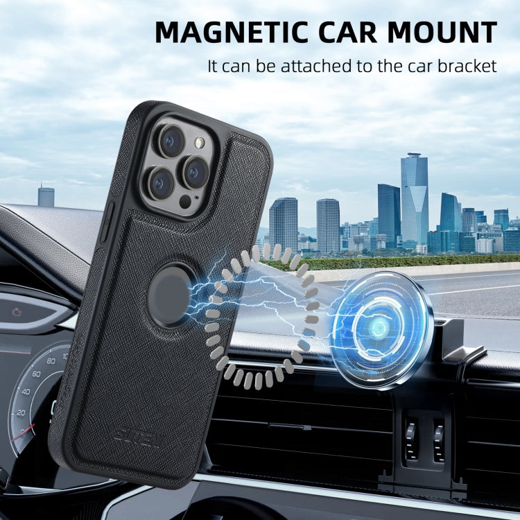 For iPhone 13 Suteni M2 Cross-Grain MagSafe Vertical Card Back Phone Case(Black)
