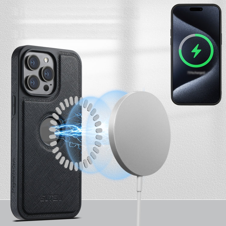 For iPhone 13 Suteni M2 Cross-Grain MagSafe Vertical Card Back Phone Case(Black)