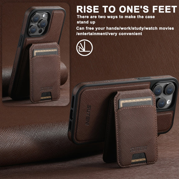 For iPhone 13 Suteni M2 Cross-Grain MagSafe Vertical Card Back Phone Case(Brown)