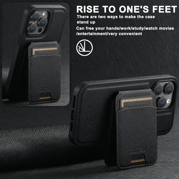 For iPhone 12 Pro Max Suteni M2 Cross-Grain MagSafe Vertical Card Back Phone Case(Black)