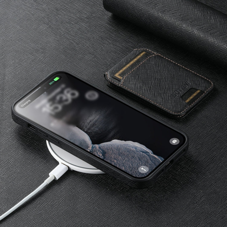 For iPhone 16 Pro Suteni M2 Cross-Grain MagSafe Vertical Card Back Phone Case(Black)