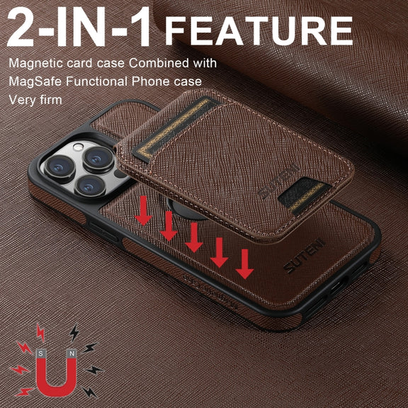 For iPhone 16 Pro Suteni M2 Cross-Grain MagSafe Vertical Card Back Phone Case(Brown)