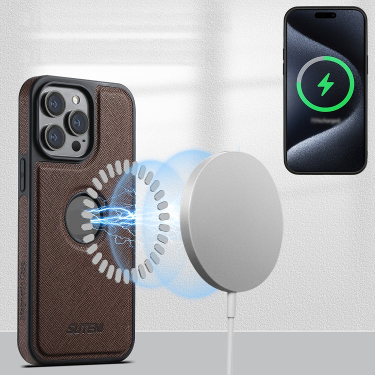 For iPhone 16 Pro Suteni M2 Cross-Grain MagSafe Vertical Card Back Phone Case(Brown)
