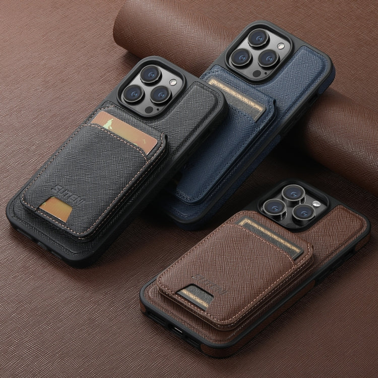 For iPhone 14 Suteni M2 Cross-Grain MagSafe Vertical Card Back Phone Case(Blue)