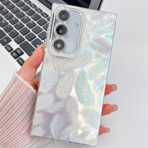 For Samsung Galaxy S25 5G Plating Glitter Texture TPU Phone Case with Lens Film(White Feathers)