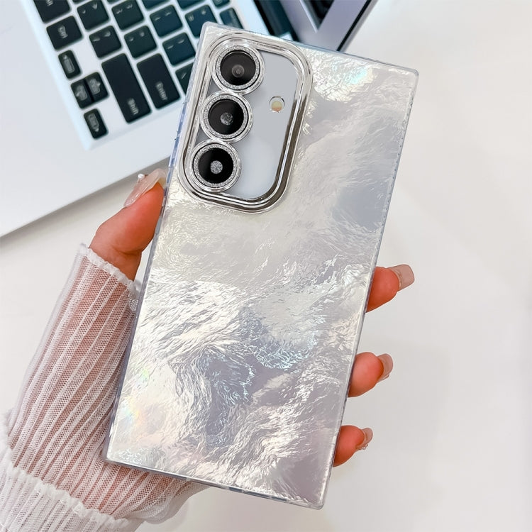 For Samsung Galaxy S25+ 5G Plating Glitter Texture TPU Phone Case with Lens Film(White Tinfoil Texture)