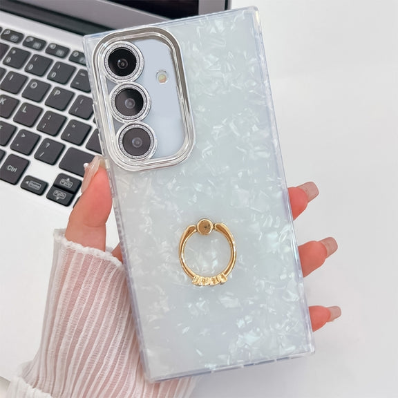 For Samsung Galaxy S25+ 5G Plating Glitter Texture Ring Holder TPU Phone Case with Lens Film(White Shell Pattern)
