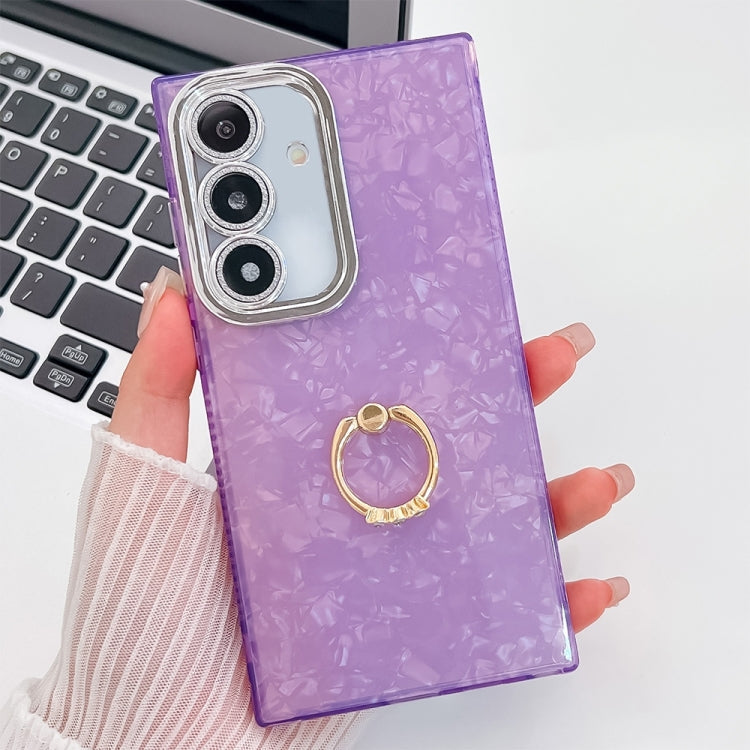 For Samsung Galaxy S25+ 5G Plating Glitter Texture Ring Holder TPU Phone Case with Lens Film(Purple Shell Pattern)