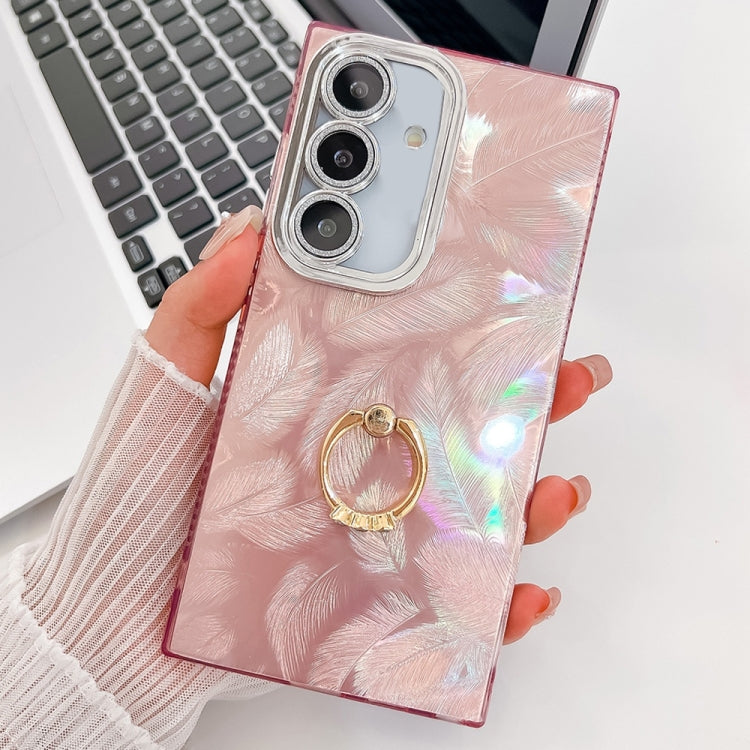 For Samsung Galaxy S25+ 5G Plating Glitter Texture Ring Holder TPU Phone Case with Lens Film(Pink Feathers)