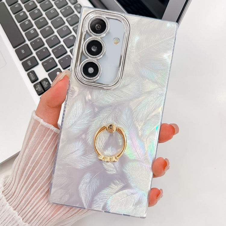 For Samsung Galaxy S25+ 5G Plating Glitter Texture Ring Holder TPU Phone Case with Lens Film(White Feathers)