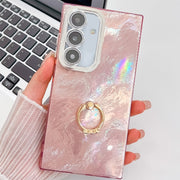 For Samsung Galaxy S25+ 5G Plating Glitter Texture Ring Holder TPU Phone Case with Lens Film(Pink Tinfoil Texture)
