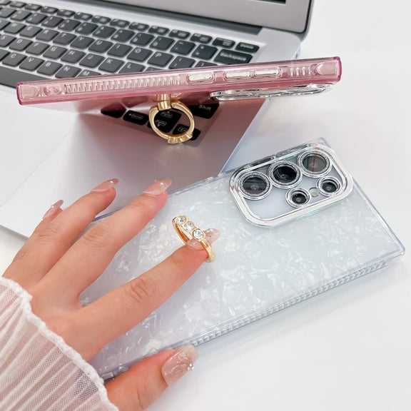 For Samsung Galaxy S25 Ultra 5G Plating Glitter Texture Ring Holder TPU Phone Case with Lens Film(Purple Shell Pattern)