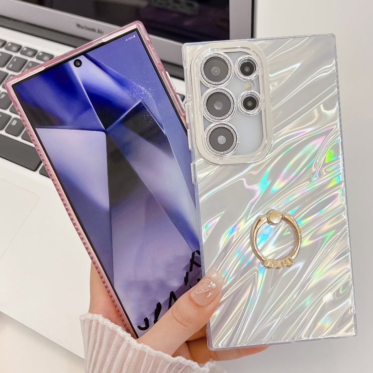 For Samsung Galaxy S25 Ultra 5G Plating Glitter Texture Ring Holder TPU Phone Case with Lens Film(White Shell Pattern)