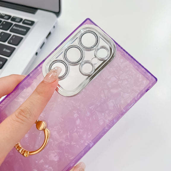 For Samsung Galaxy S25 Ultra 5G Plating Glitter Texture Ring Holder TPU Phone Case with Lens Film(Purple Shell Pattern)