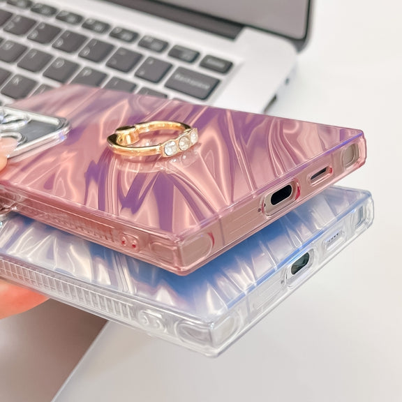 For Samsung Galaxy S25 Ultra 5G Plating Glitter Texture Ring Holder TPU Phone Case with Lens Film(White Shell Pattern)
