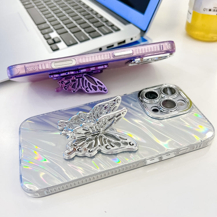 For iPhone 16 Pro Plating Glitter Texture Butterfly Holder TPU Phone Case with Lens Film(Pink Wrinkles)