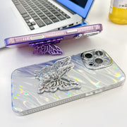 For iPhone 16 Pro Plating Glitter Texture Butterfly Holder TPU Phone Case with Lens Film(Pink Wrinkles)