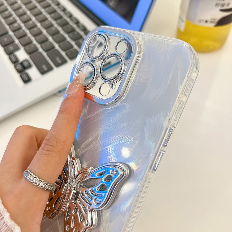 For iPhone 16 Pro Plating Glitter Texture Butterfly Holder TPU Phone Case with Lens Film(Pink Wrinkles)