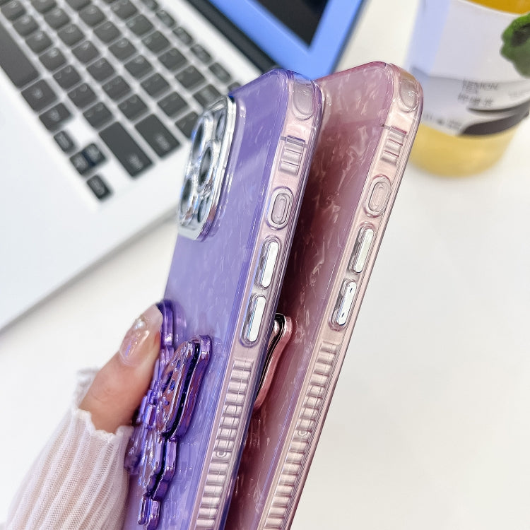 For iPhone 16 Pro Plating Glitter Texture Butterfly Holder TPU Phone Case with Lens Film(Pink Wrinkles)