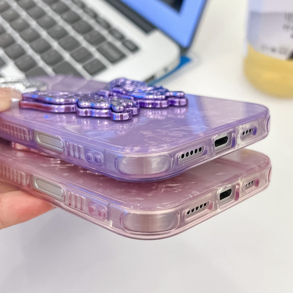 For iPhone 16 Pro Plating Glitter Texture Butterfly Holder TPU Phone Case with Lens Film(Pink Wrinkles)