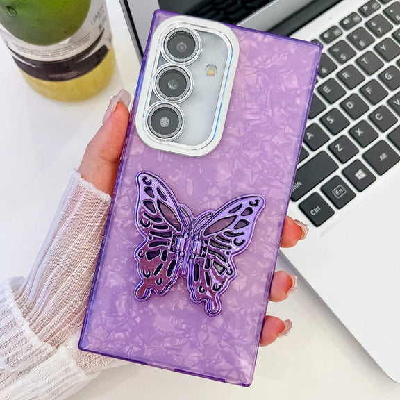 For Samsung Galaxy S25+ 5G Plating Glitter Texture Butterfly Holder TPU Phone Case with Lens Film(Purple Shell Pattern)