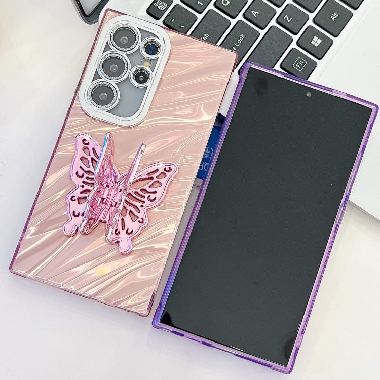 For Samsung Galaxy S25+ 5G Plating Glitter Texture Butterfly Holder TPU Phone Case with Lens Film(Pink Shell Pattern)