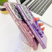 For Samsung Galaxy S25+ 5G Plating Glitter Texture Butterfly Holder TPU Phone Case with Lens Film(Pink Shell Pattern)