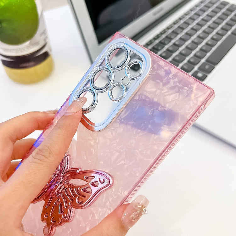 For Samsung Galaxy S25+ 5G Plating Glitter Texture Butterfly Holder TPU Phone Case with Lens Film(Purple Shell Pattern)