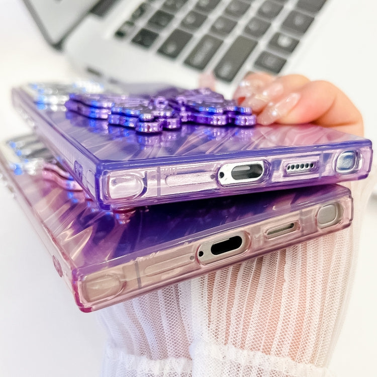 For Samsung Galaxy S25+ 5G Plating Glitter Texture Butterfly Holder TPU Phone Case with Lens Film(Pink Shell Pattern)
