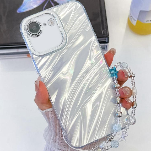 For iPhone 16e Plating Glitter Texture Chain Wristband TPU Phone Case with Lens Film(White Water Ripples)