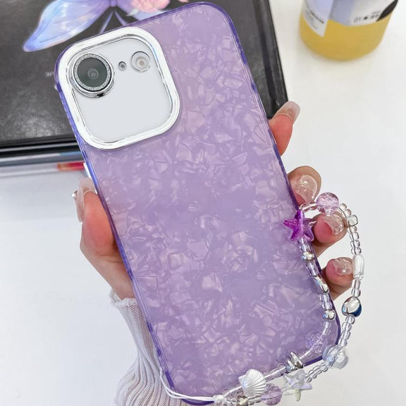 For iPhone 16e Plating Glitter Texture Chain Wristband TPU Phone Case with Lens Film(Purple Shell Pattern)